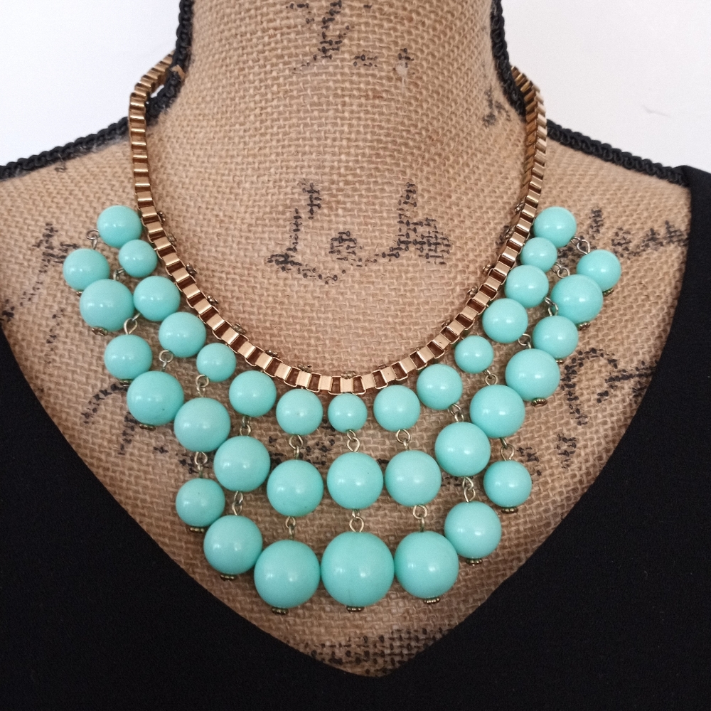 Blue Chunky Beaded Necklace with Gold Box Chain - Picture 1 of 9